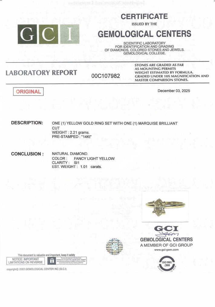 Sans prix de réserve - Bague - 14 carats Or jaune -  1.01ct. tw. Jaune Diamant (Couleur naturelle) #2.1