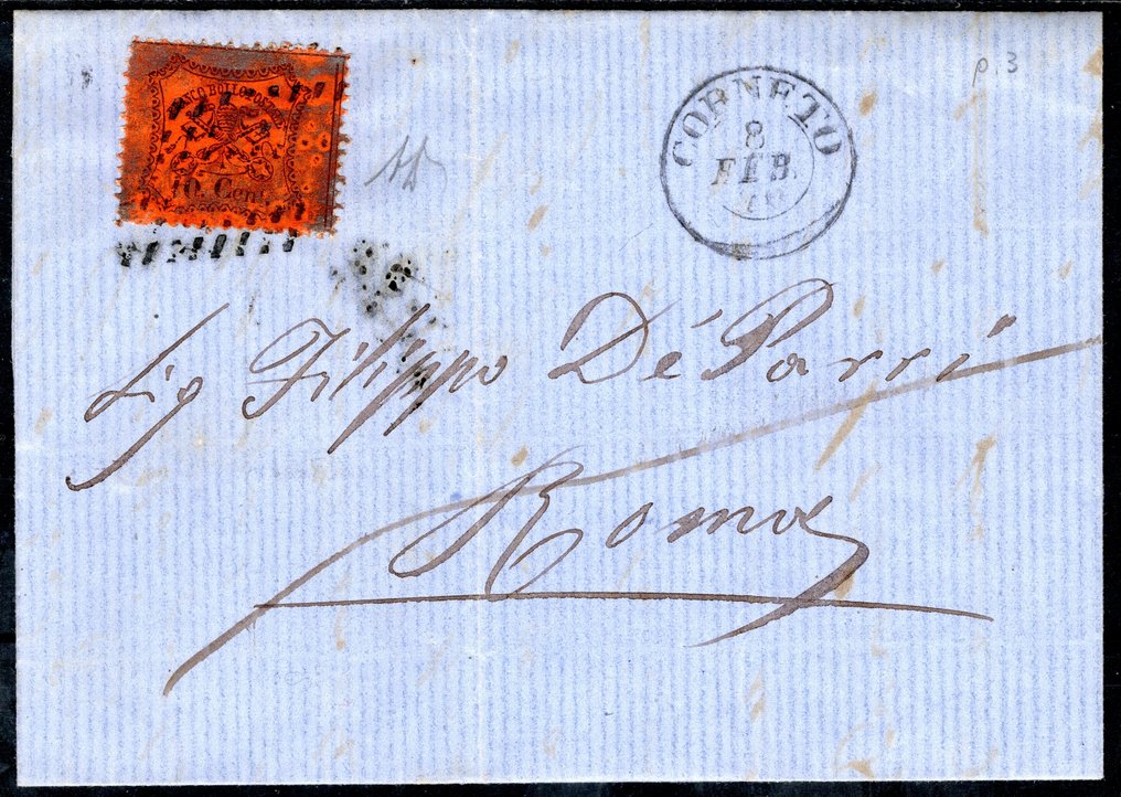 意大利古城邦-教皇国 1868 - 两封信由Corneto寄出，已贴10分邮票（第三版），一对邮票加一张单票。 - Sassone n. 26+26c #3.2