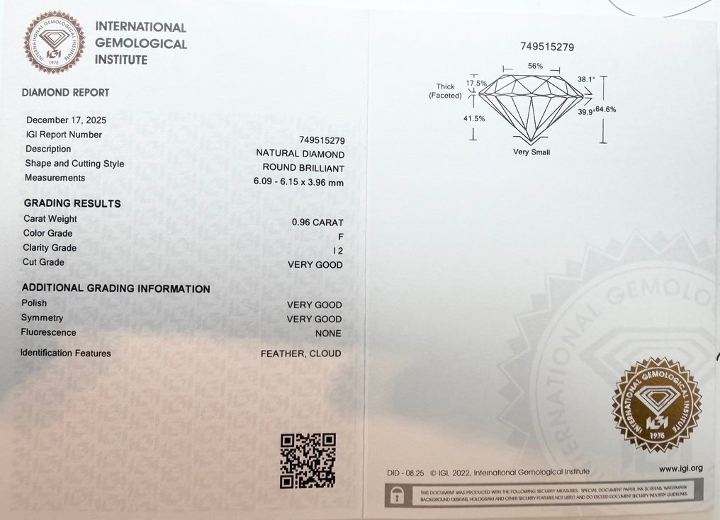 No reserve price - 1 pcs Diamond  (Natural)  - 0.96 ct - Round - F - I2 - International Gemological Institute (IGI) #2.1