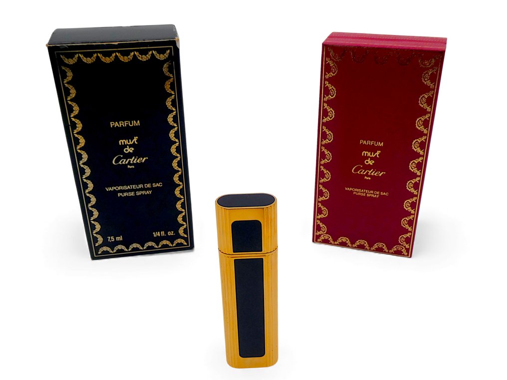 Parfumes Cartier Paris - Φιάλη αρώματος - Αρωματικό σπρέι τσάντας 'Must de Cartier' 7,5 ML 1/4 FL OZ, άδειο - Σπάνιο - Χρυσός - Πολυτέλεια και κομψότητα. #2.1