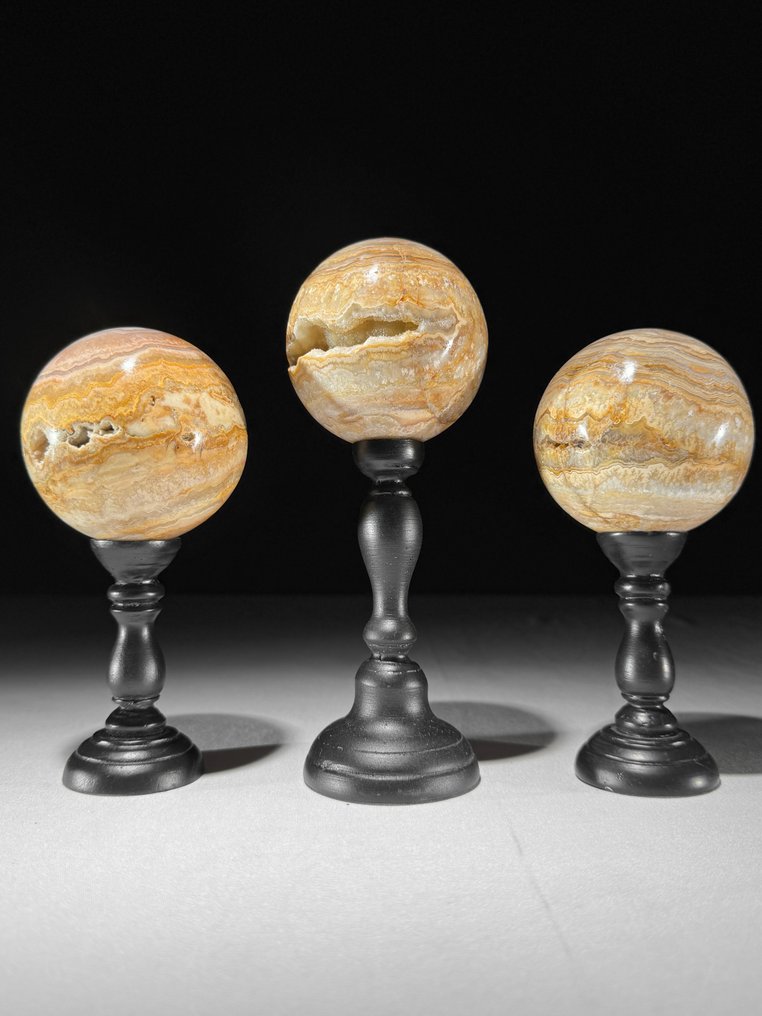 无底价 - 精彩的三件套 Lace Agate 定制支架上的球体- 1700 g - (3) #1.0
