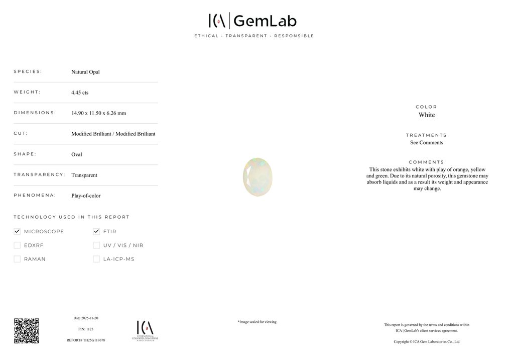 χωρίς τιμή ασφαλείας Λευκό Οπάλιο - 4.45 ct - Διεθνής Ένωση Έγχρωμων Πολύτιμων Λίθων (ICA GemLab) #2.1