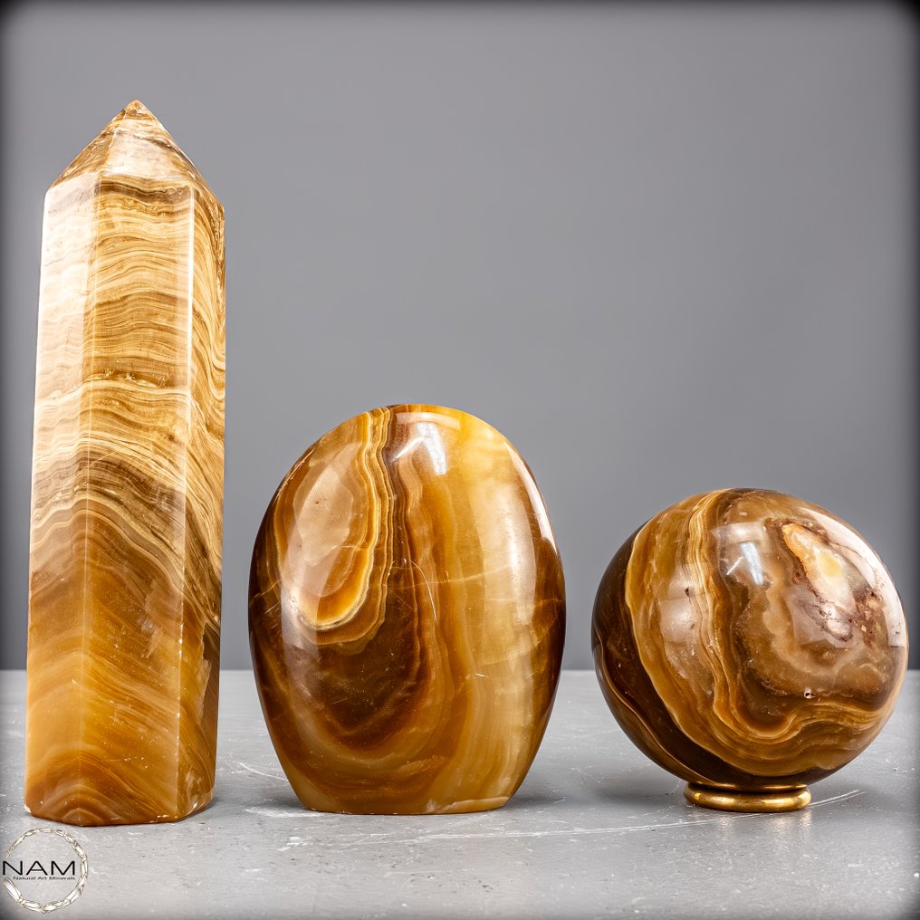 Αξιόλογο σετ αραγωνίτη – φυσική τέχνη σε ζεστούς γήινους και μέλι τόνους Ελεύθερα σχήματα- 1291.66 g - (3) #1.0