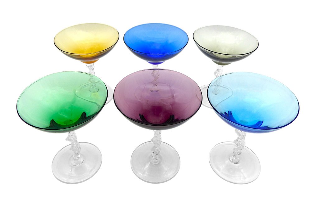 Κολονάτο ποτήρι σαμπάνιας - 6x πολύχρωμα ποτήρια με στύλο στριφτό και νήματα αέρα. - σε Vetro Soffiato a Mano - Αντίκες δεκαετίας του 1950. #2.1