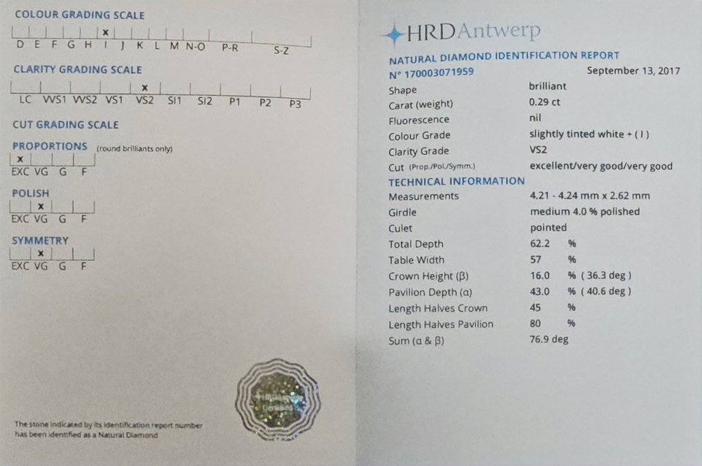 沒有保留價 - 1 pcs 鑽石  (天然)  - 0.29 ct - 圓形 - I(極微黃、正面看為白色) - VS2 - HRD Antwerp #3.2