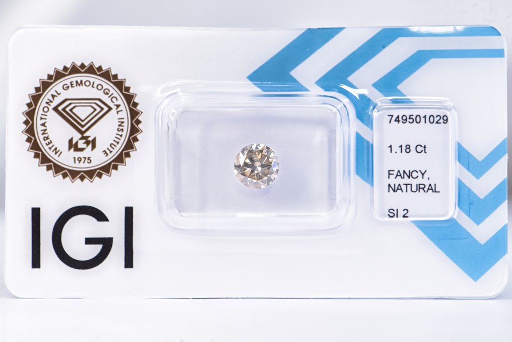 Ei pohjahintaa - 1 pcs Timantti  (Luonnonvärinen)  - 1.18 ct - Pyöreä - Fancy Harmahtava, Rusehtava Keltainen - SI2 - Kansainvälinen gemologinen instituutti (IGI) - VG #1.0