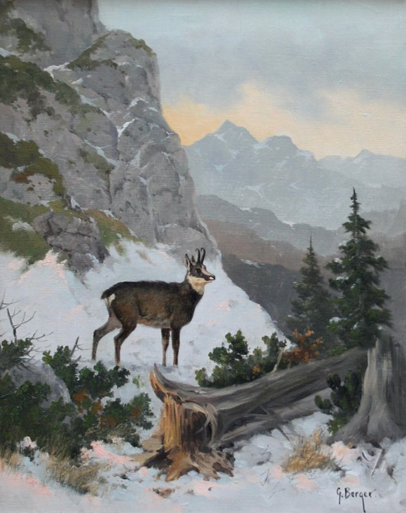 Georg Berger (1862-1942) - Alpine winter landscape with chamois #1.0
