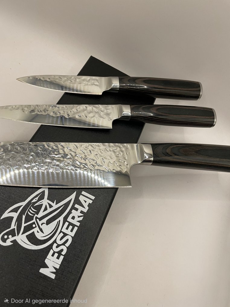 Messerhai - Tanoshi - 厨刀 - 三件套专业手工锻造厨师刀具套装 - 钢材(不锈钢),木材 - 日本 #1.0