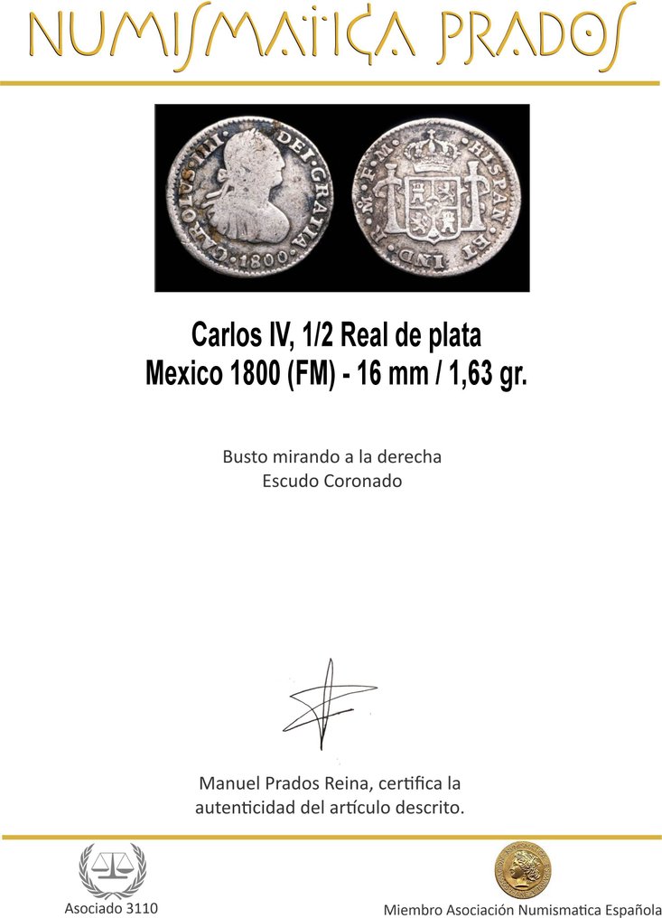 西班牙王国. 卡洛斯四世. Medio Real Mexico 1800 (FM)  (没有保留价) #1.0