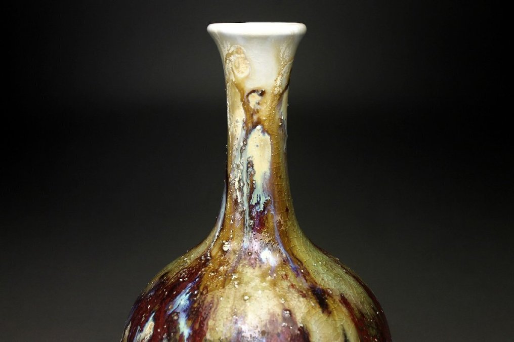 花瓶 - Shigaraki Ware 滴釉三彩“鹤首”花瓶——具有自然灰烬的宏伟雕塑形态 - 日本  (没有保留价) #2.1