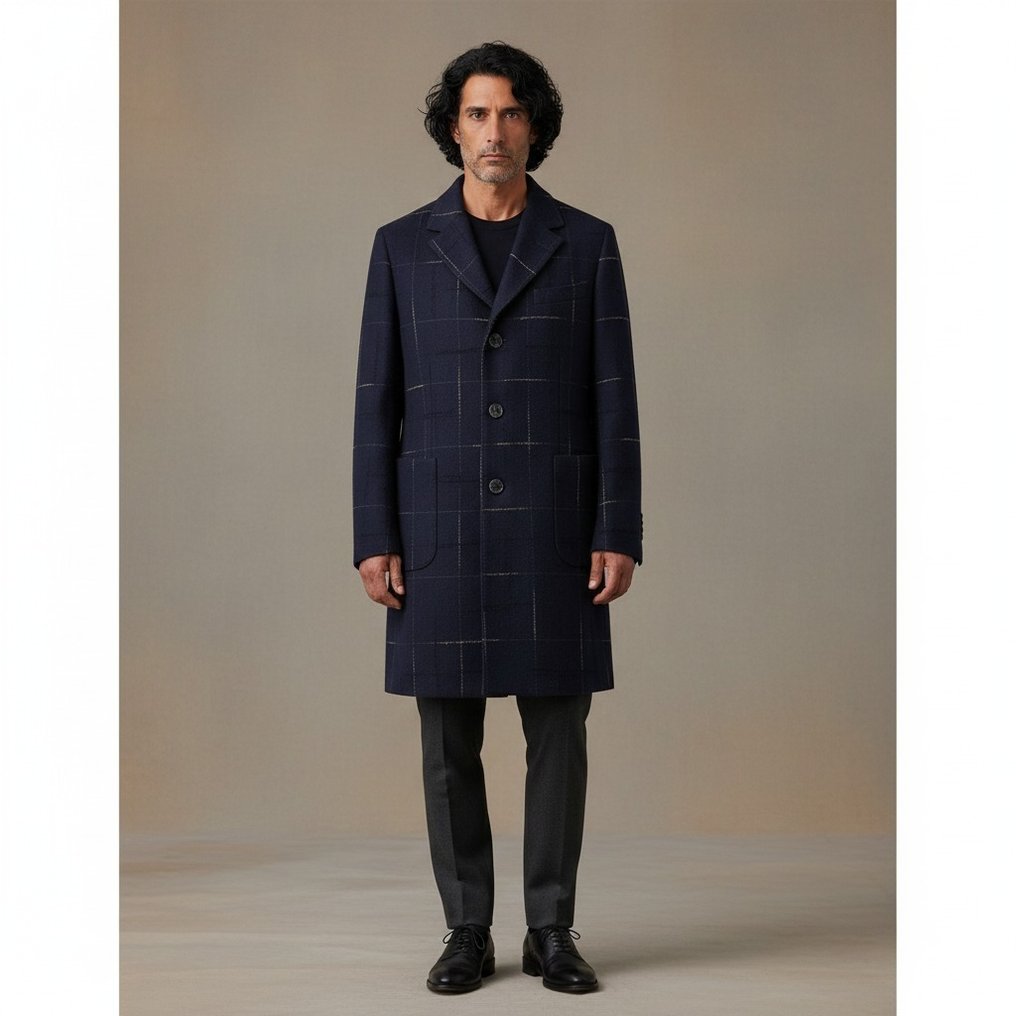 SANTANIELLO RRP 600€ Wool Coat – Navy Windowpane Check – Quilted Lining – 50 IT - Manteau - Neuf avec étiquette #1.0