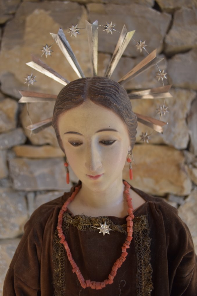 Γλυπτό - Notre Dame du Mont Carmel - 85 εκ. (2) - Αντίκες - Ξύλο, Textile, Μέταλλο - 1850-1900 #4.3