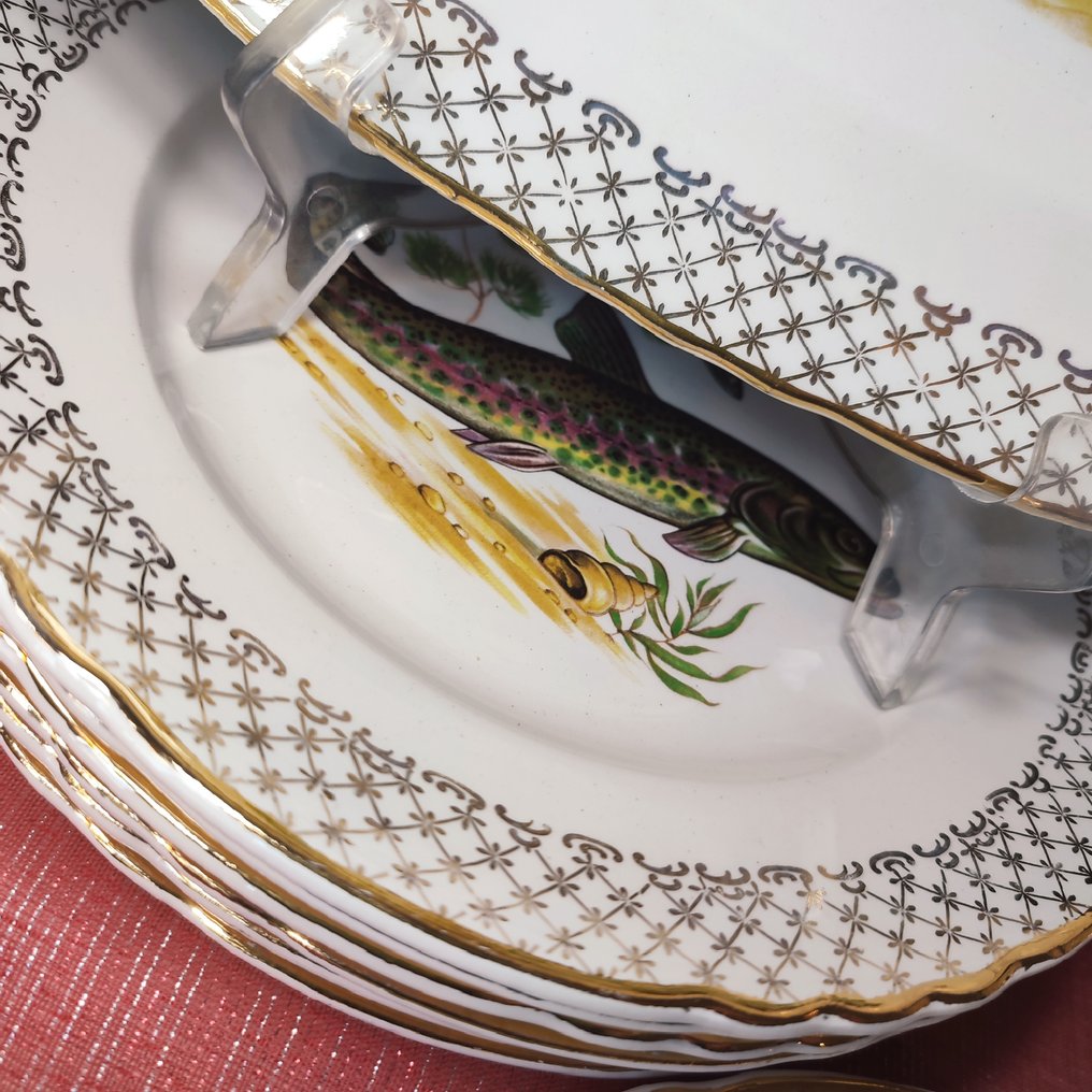 Moulin des Loups Orchies - 成套餐具 (13) - 淡水鱼的自然主义装饰 - 法国彩陶 - 提供鱼类服务 #4.3