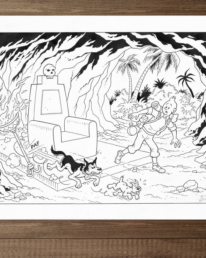 Jordi David Redo – Original Tuschekunstwerk - Tintin & Snowy “Cave Trap” - Hand Signed #1.0