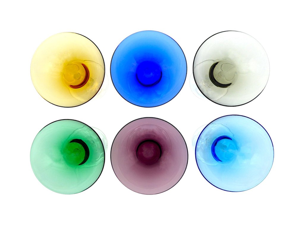 Κολονάτο ποτήρι σαμπάνιας - 6x πολύχρωμα ποτήρια με στύλο στριφτό και νήματα αέρα. - σε Vetro Soffiato a Mano - Αντίκες δεκαετίας του 1950. #1.0