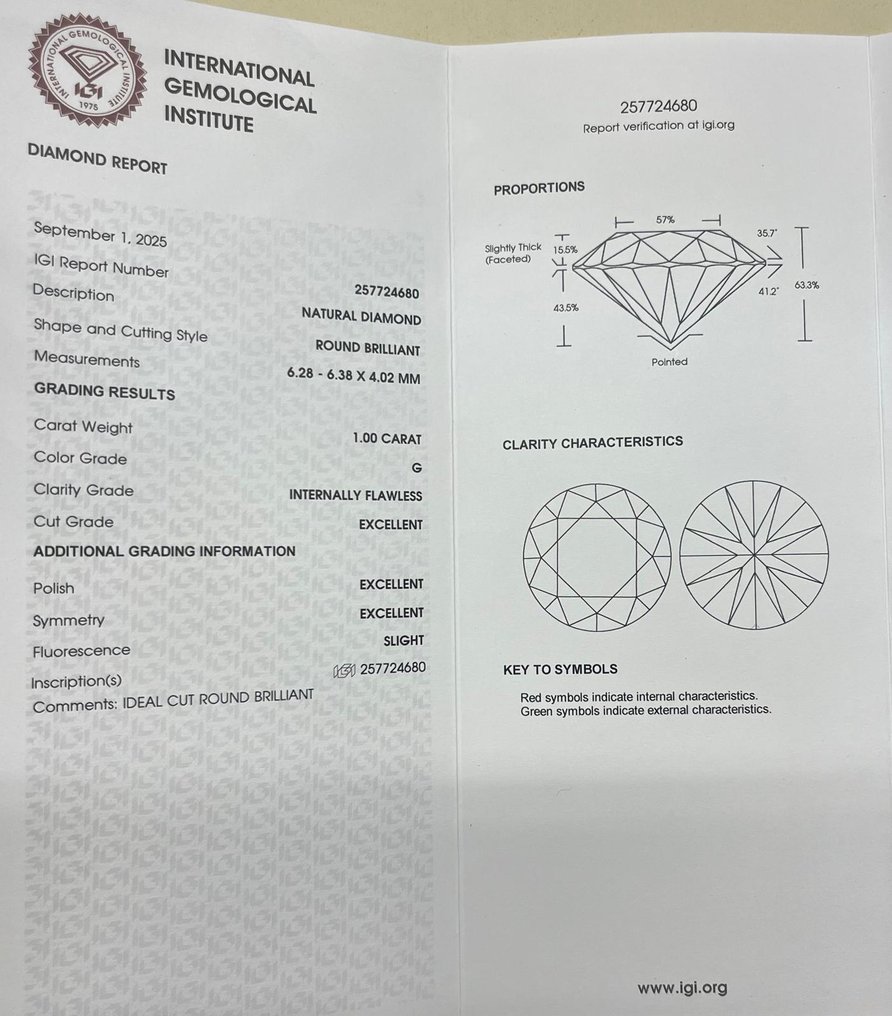 1 pcs Gyémánt  (Természetes)  - 1.00 ct - Kerek - G - IF - Nemzetközi Gemmológiai Intézet (IGI) #3.2