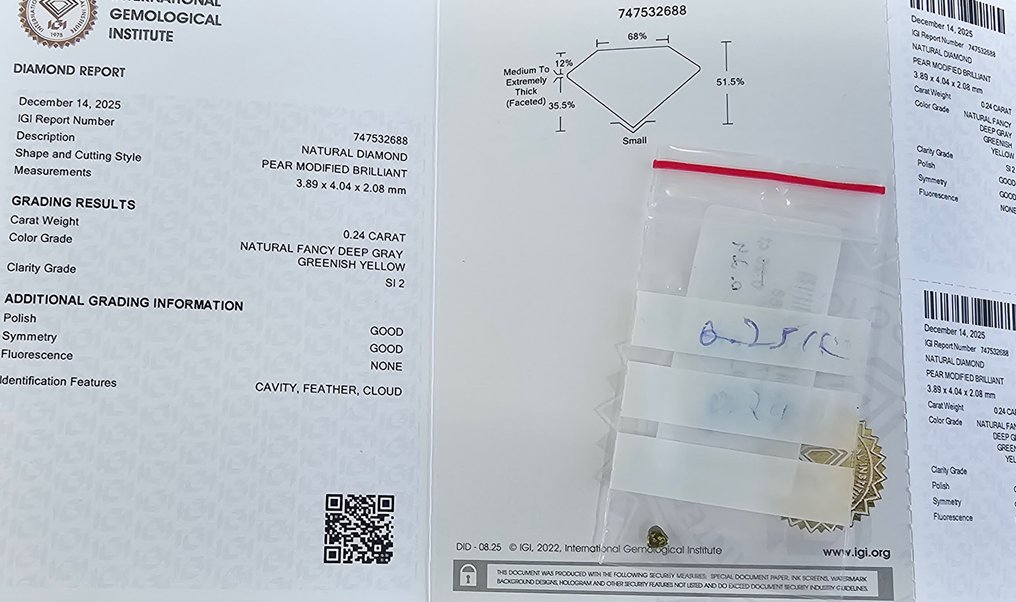 没有保留价 - 1 pcs 钻石  (天然)  - 0.24 ct - 梨形 - SI2 微内含二级 - 国际宝石研究院（IGI） - 华丽的深灰绿色 #4.3