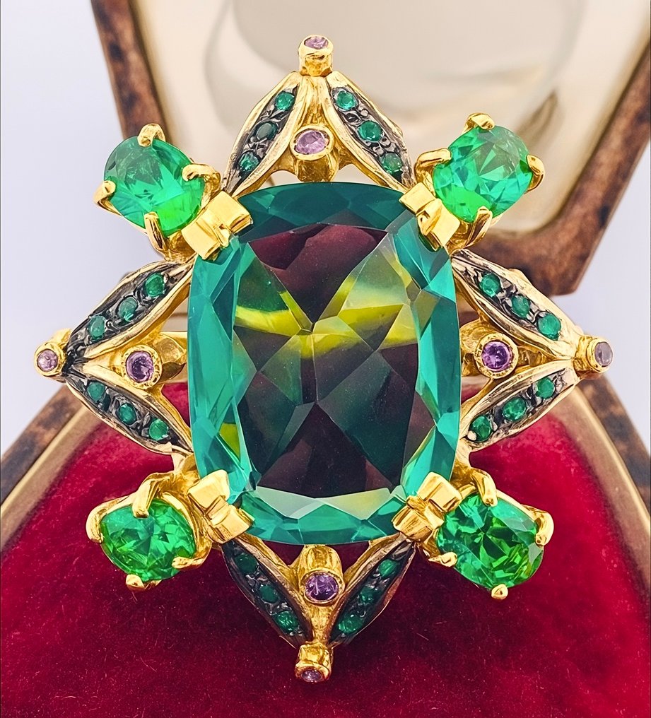 χωρίς τιμή ασφαλείας - Δαχτυλίδι - 9 kt. Κίτρινο χρυσό, Ασημί Σμαράγδι - Αμέθυστος #1.0