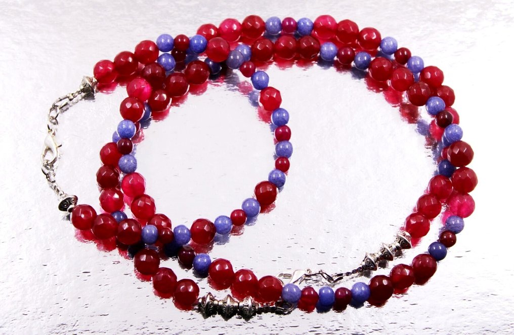 非常漂亮的项链和手链，手工制作的红宝石和蓝宝石圆形及叶形珠子——250克拉。 珠宝- 50 g - (1) #1.0