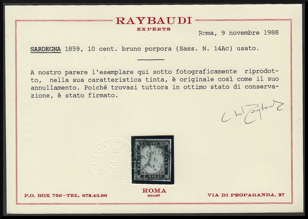 Αρχαία ιταλικά κράτη - Σαρδηνία 1859 - Έκδοση IV, σελ. 10, Bruno Porpora, ο πίνακας. - Sassone n. 14Ac #2.1