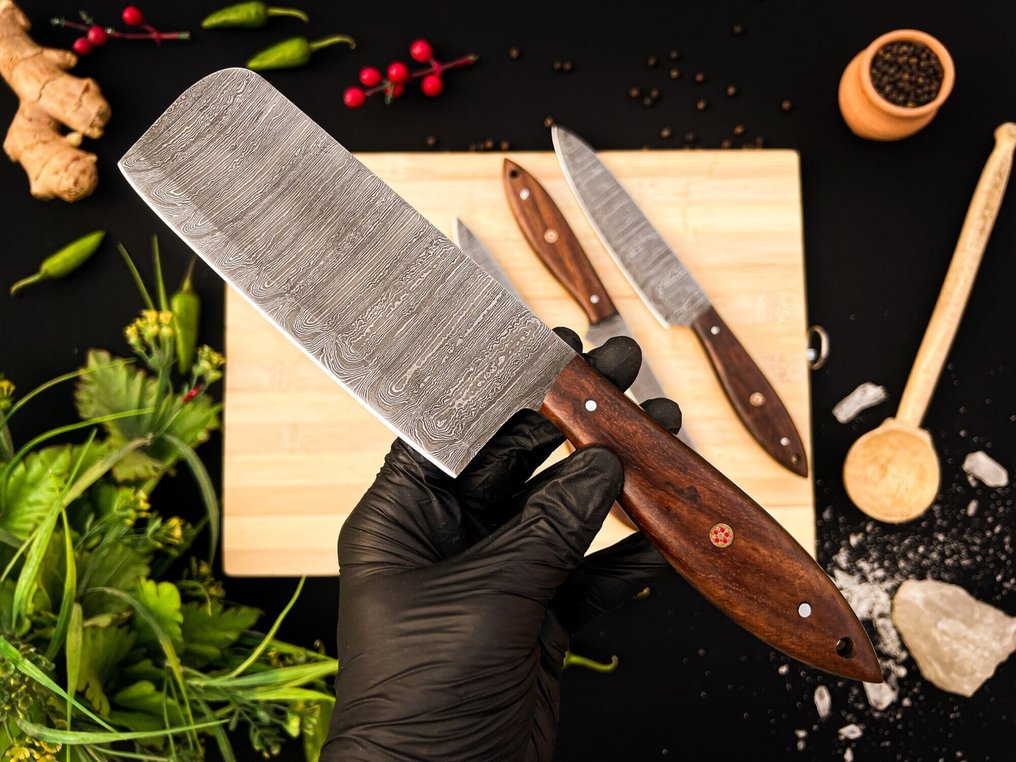 廚刀 - Kitchen knife set -  厨房厨师刀具套装，适用于室内外日常用途（FK-158） - 美国玫瑰木手柄和折叠钢材 - 美國 - 厨房和烧烤套装 #4.3