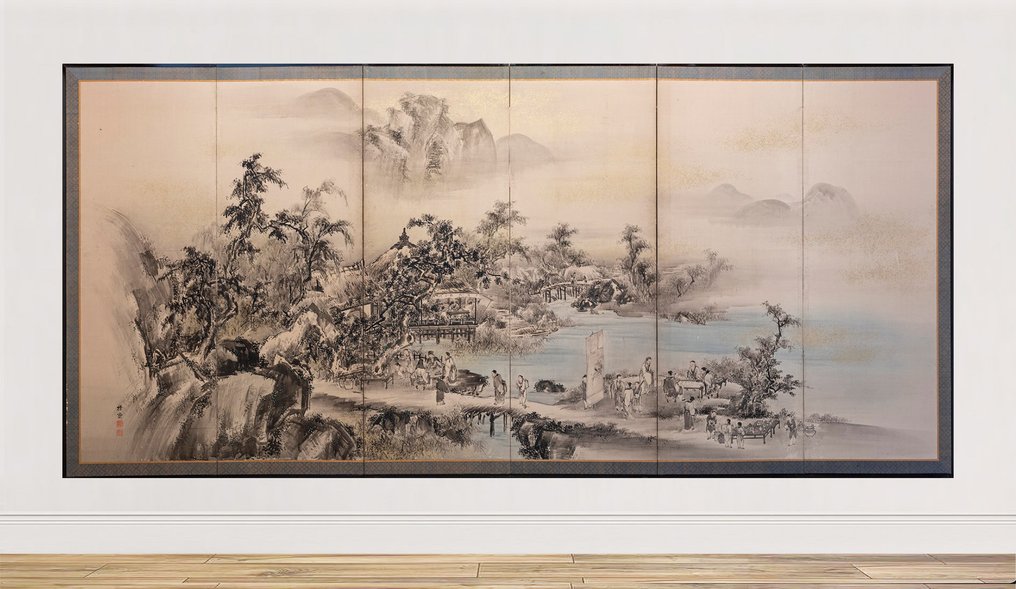 Byōbu folding screen - A six-panel Byōbu (屏風) folding screen of a lakeside landscape with Tang dynasty nobles - Signed - Japan - Edo-Meiji period (mid 19th century) #1.0