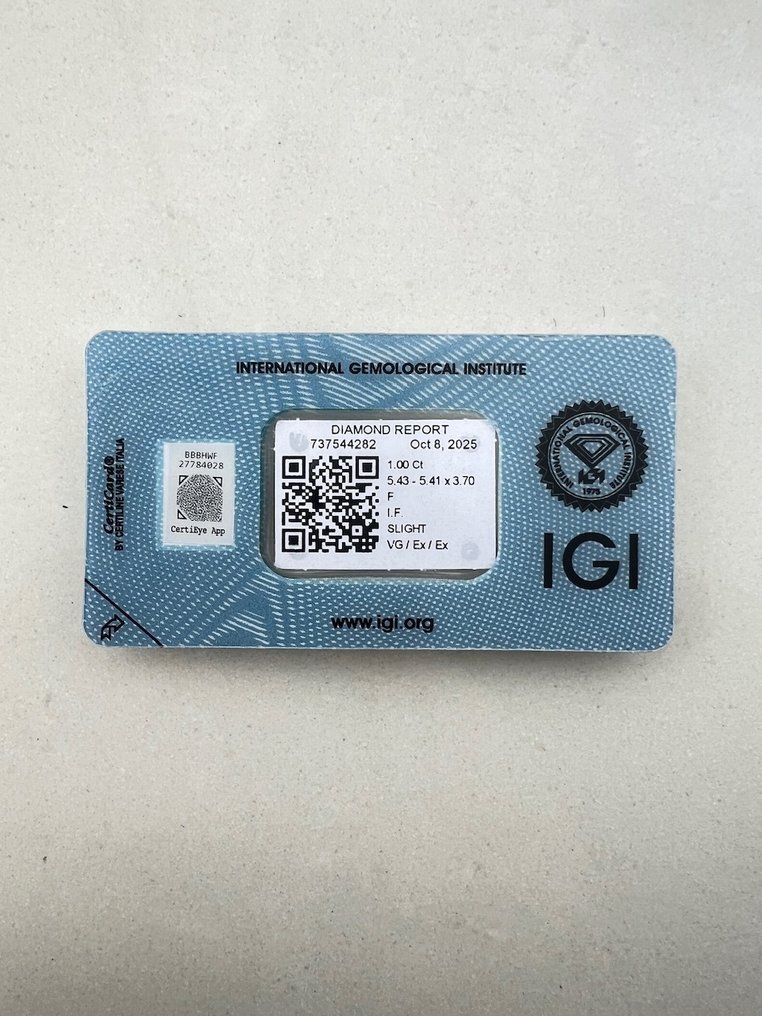 Ingen mindstepris - 1 pcs Diamant  (Natur)  - 1.00 ct - Smaragd - F - IF - International Gemological Institute (IGI) #2.1