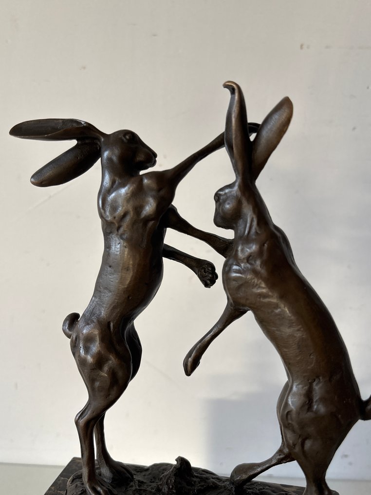 Statua, 2 Hazen die boxen - 24 cm - Bronzo #3.2