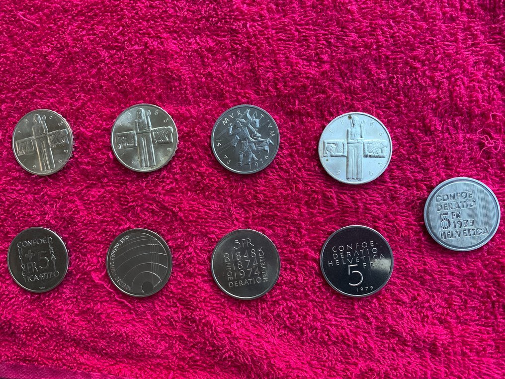 Switzerland. 5 Francs 9x incl. silver 3x 1963 Red Cross, various commemorative issues 1974/1985  (No reserve price) #1.0