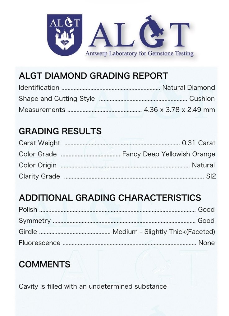 没有保留价 - 1 pcs 钻石  (天然色彩的)  - 0.31 ct - 枕形 - Fancy deep 稍帶黄色的 橙色 - SI2 微内含二级 - 安特卫普宝石检测实验室（ALGT） #2.1
