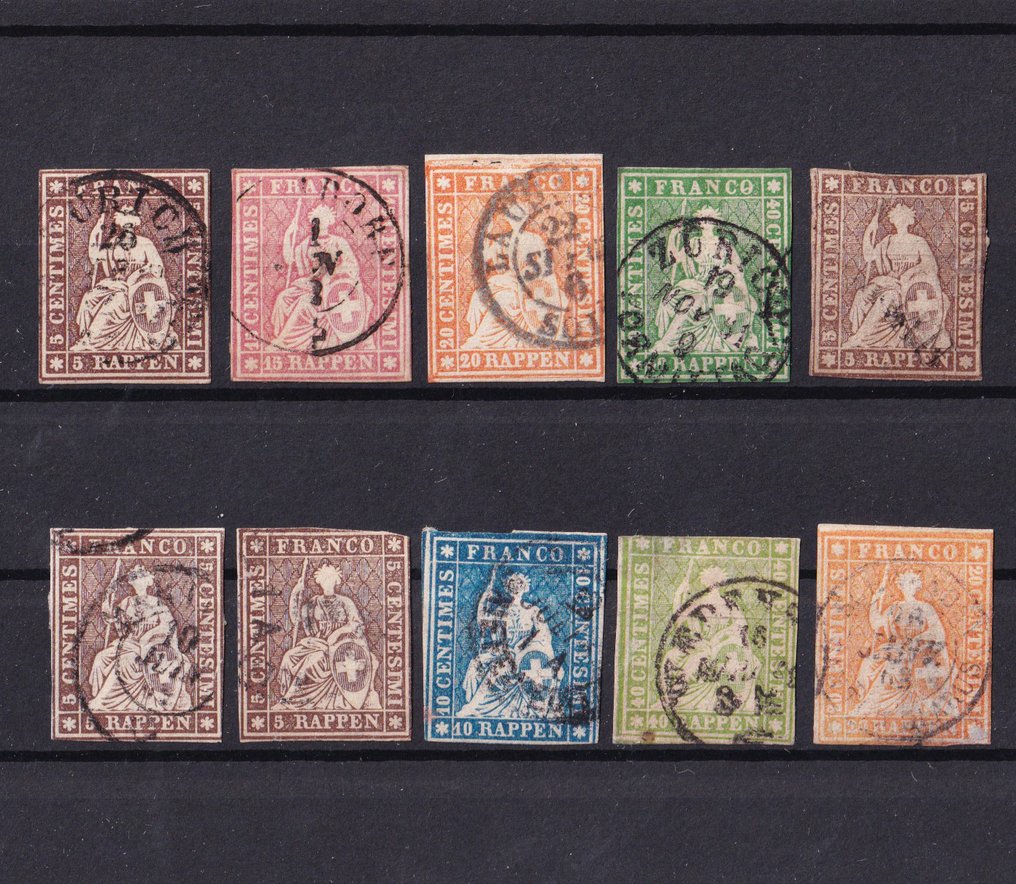 瑞士  - 经典邮票精选：坐姿Helvetia邮票，装订卡片上 #1.0