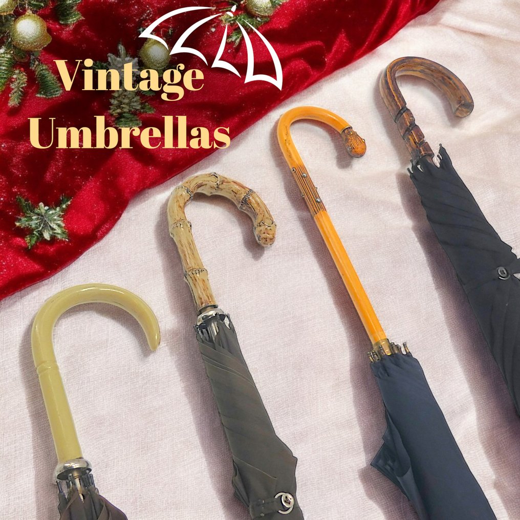4x Ombrelli / Parasole con Impugnature Curve ed Elaborate - Victorian Style - HANDMADE, RARE - Paraply #1.0