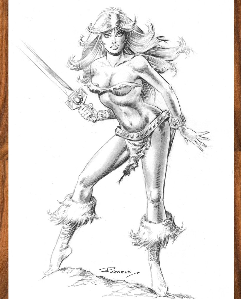 Romero, Enric Badia - 原始铅笔 - Axa Girl with Sword -  Hand Signed #1.0