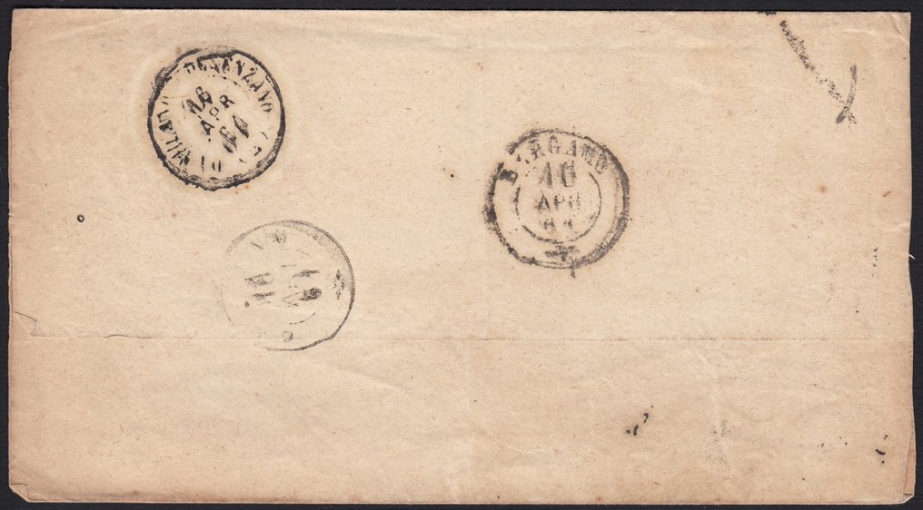 意大利古城邦-撒丁岛 1859 - 米兰发往甘迪诺的通告，日期为61年4月16日，用浅灰绿色橄榄色邮票贴盖。 - Sassone n. 13Bd #2.1