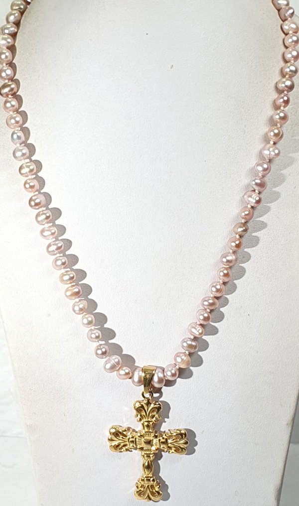 天然淡水粉色珍珠与Cruz XL配以锆石——925纯银镀金闭合 - 项链 #1.0