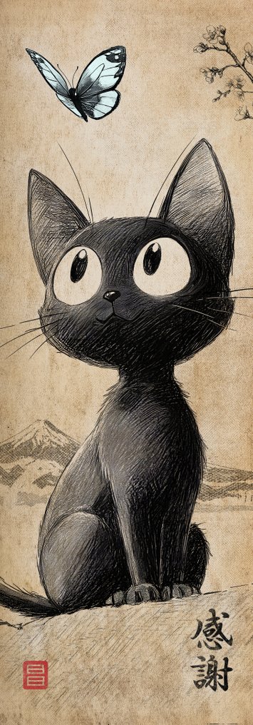 Kodo88 Giclée - Jiji and the Butterfly 黒猫ジジと蝶 – XL Very Limited Edition (7/10) – Hand Signed #2.1