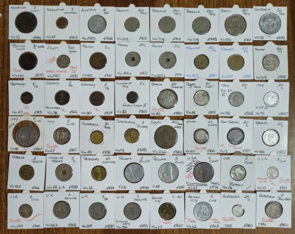 Wereld. A lot of 48 Coins 1834-1959 ( 7 Silver )  (Zonder minimumprijs) #1.0