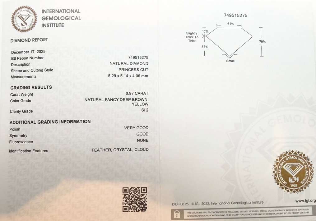 χωρίς τιμή ασφαλείας - 1 pcs Διαμάντι  (Φυσικού χρώματος)  - 0.97 ct - Τετράγωνο - Fancy deep Καφέ Κίτρινο - SI2 - International Gemological Institute (IGI) #2.1