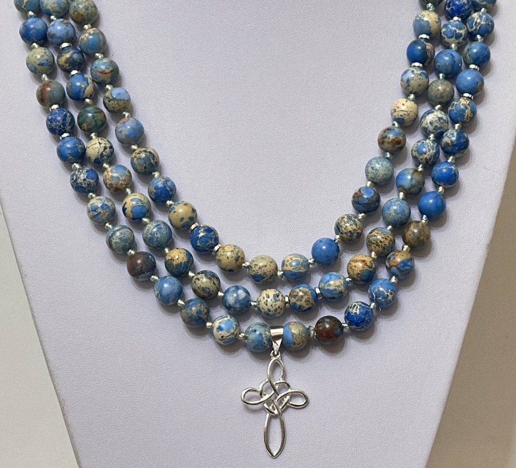 Jaspe，海浪泡沫与“巫师之十字架”。保护者，健康，圣灵。 - 吊坠项链 - 925纯银扣子。 #2.1