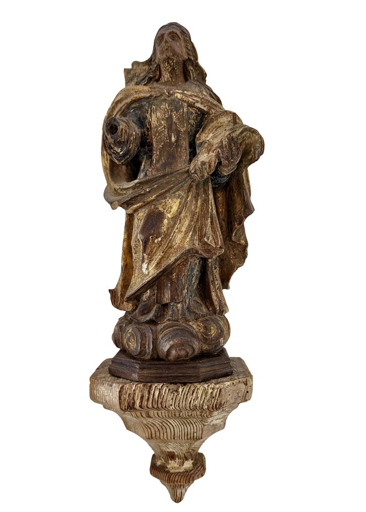 Antikk trefigur på sokkel - Madonna - 39 cm - Antikvitet - Tre - 1850-1900, 1750-1800 #1.0