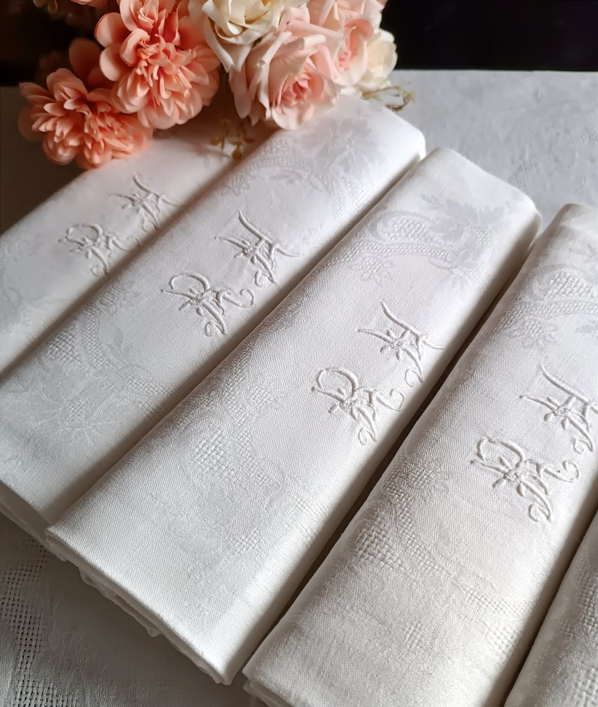 8 grandi tovaglioli fiandra lino ricamati a mano monogramma biancheria francese - Serviett (8)  - 80 cm - 65 cm - Gammel brudekroning #3.2