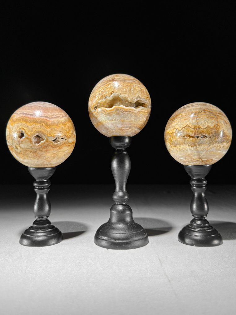 无底价 - 精彩的三件套 Lace Agate 定制支架上的球体- 1700 g - (3) #1.0
