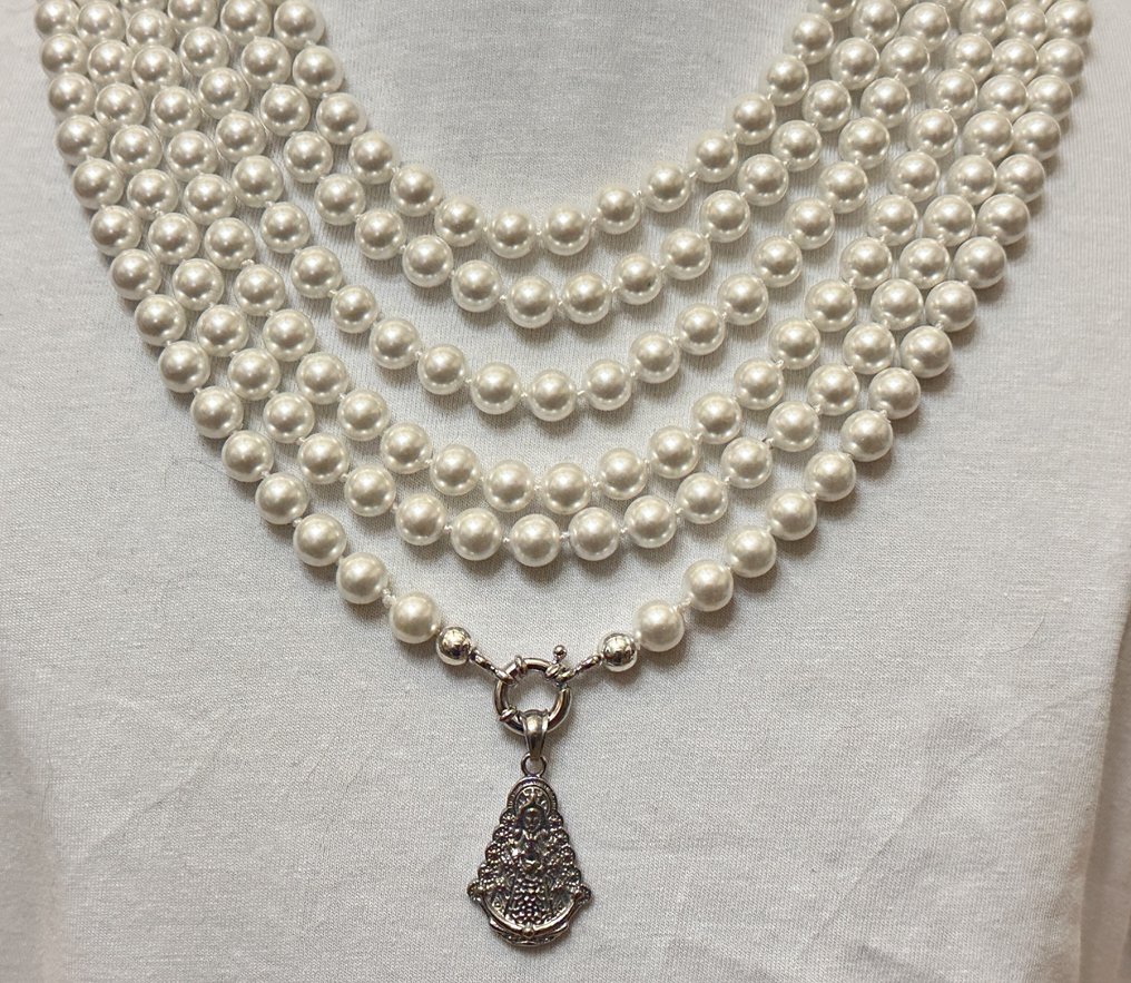 超级长款白色珍珠母项链和Virjin Rosio。圣人保护者。 - 吊坠项链 - 高品质·925纯银 #1.0