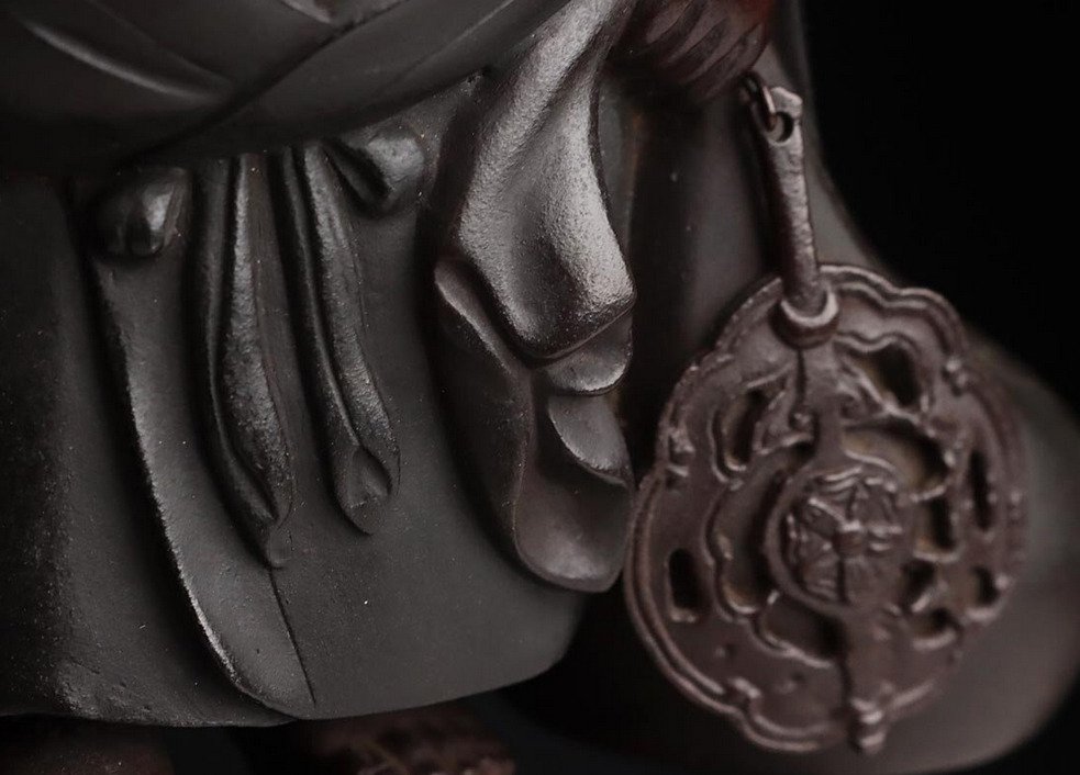 Refined antique bronze sculptured Hotei statue with artist name 松盛 and made time Taisho.10(大正十年) - Statue Bronze, Matsumori松盛 - Japan #4.3