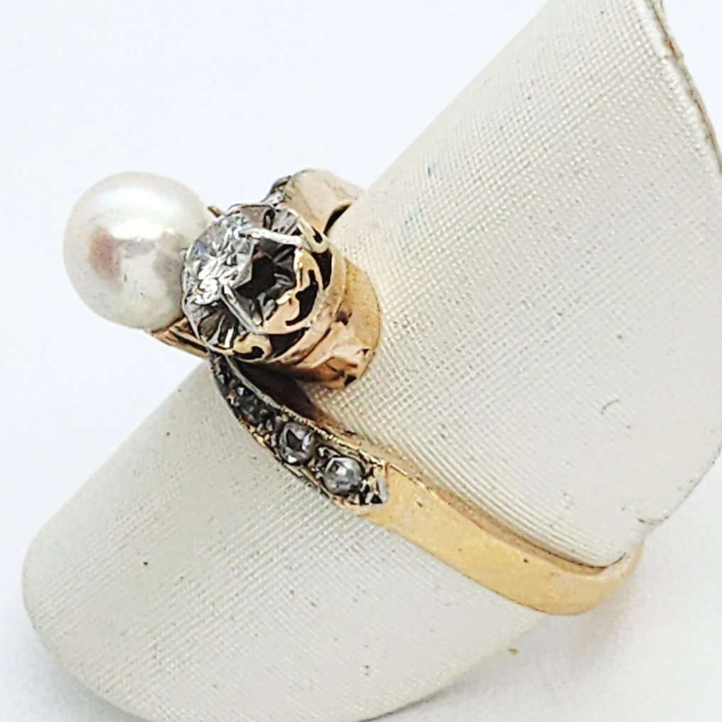 Δαχτυλίδι - 18 καράτια Κίτρινο χρυσό Μαργαριτάρι - Διαμάντι #2.1