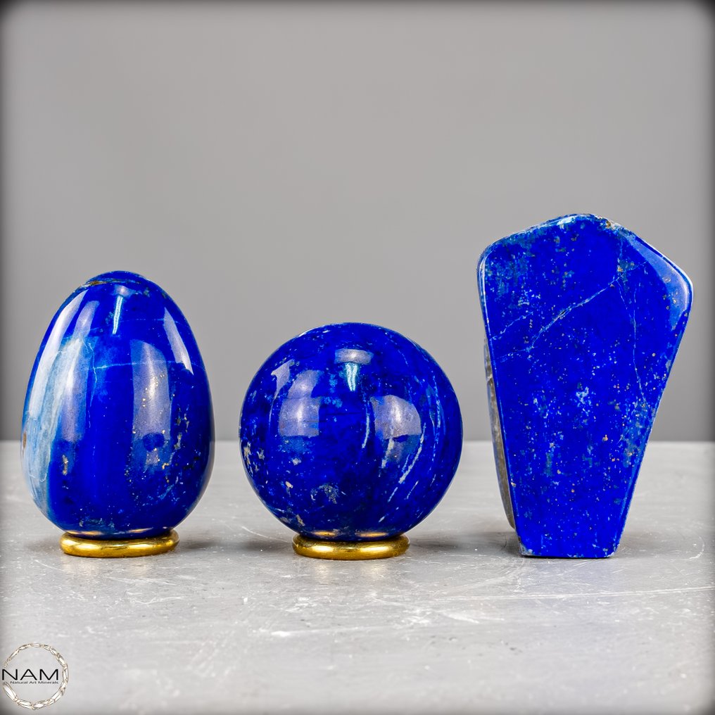 Φυσικό σετ Lapis Lazuli – αυγό, σφαίρα και ελεύθερο σχήμα. Μοναδικό τρίο- 656.71 g - (3) #1.0