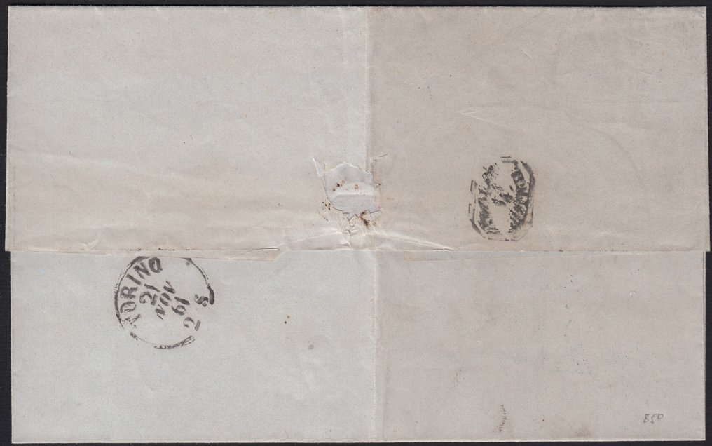 意大利古城邦-撒丁岛 1861 - 致都灵市的信件 1961年11月21日，用灰绿色橄榄色c.5邮票邮寄 - Sassone n. 13Cb #2.1