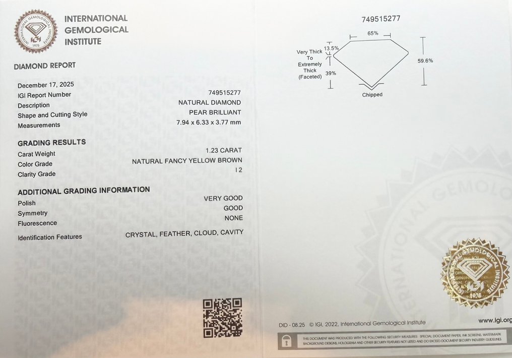 没有保留价 - 1 pcs 钻石  (天然色彩的)  - 1.23 ct - 梨形 - Fancy 黄色 棕色 - I2 内含二级 - 国际宝石研究院（IGI） #2.1