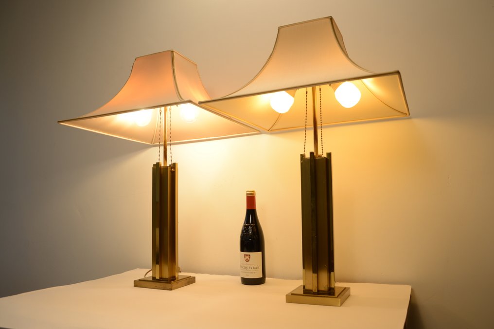 Επιτραπέζιο φωτιστικό (2) - Ζεύγος μεγάλων λαμπτήρων τραπεζιού (στυλ Willy Rizzo) - Ορείχαλκος, Λινό #3.2