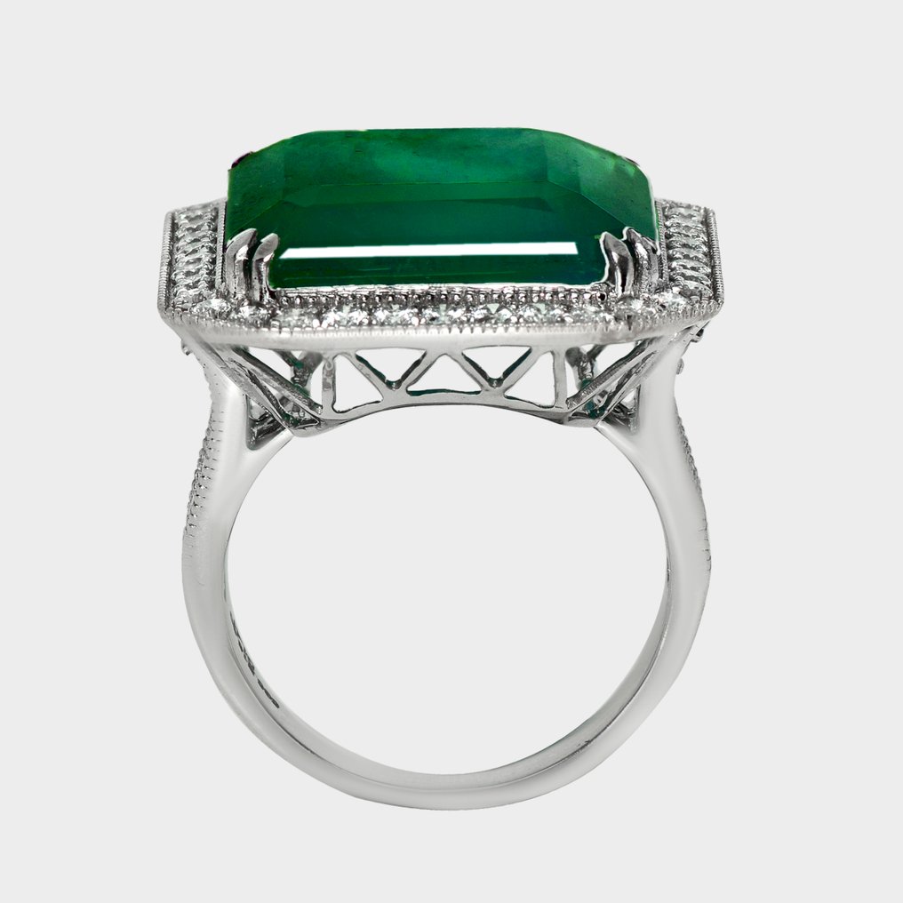 χωρίς τιμή ασφαλείας - Δαχτυλίδι - 14 καράτια Λευκός χρυσός, IGI 15.90 ct Zambia Μικρότερη Ελαιωμένη Έντονη Πράσινη -  17.31ct. tw. Σμαράγδι - Διαμάντι #4.3